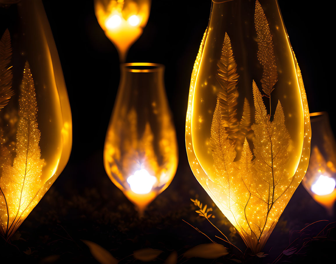 Intricate Leaf Design Glass Vases Illuminated in Dark Setting