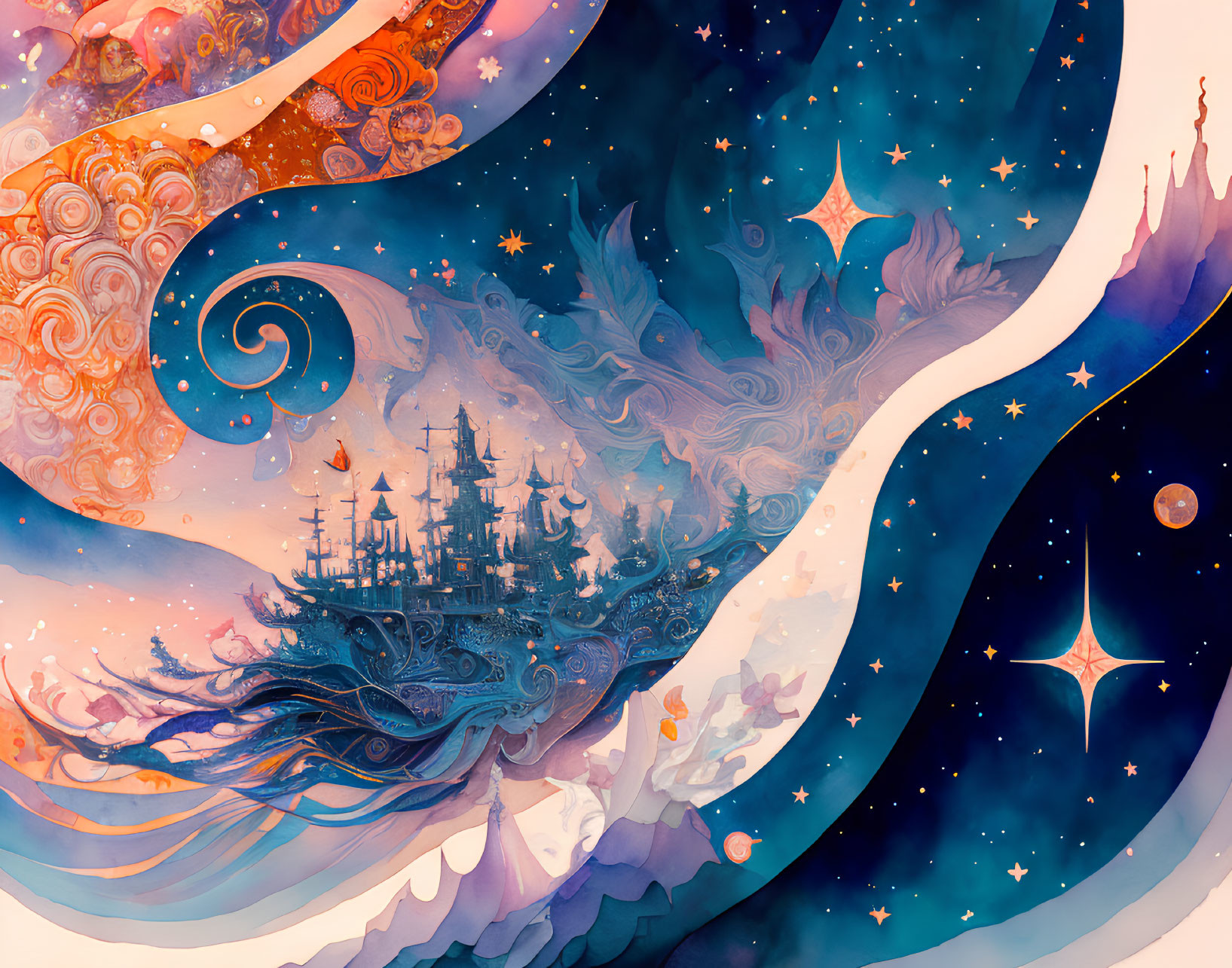 Surreal celestial and oceanic blend in vivid artwork