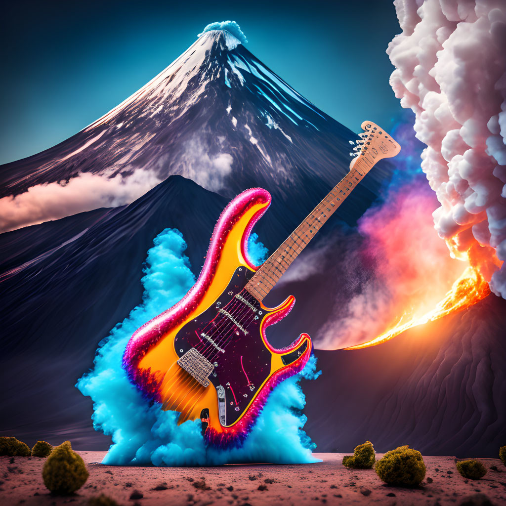 Surreal image of electric guitar with neon lights, volcano, Mount Fuji