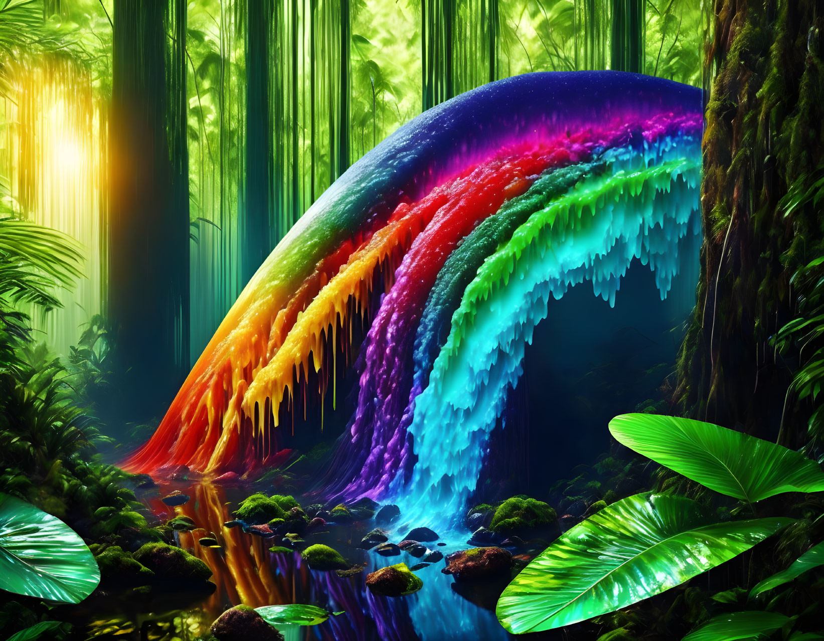 Colorful Rainbow Waterfall in Sunlit Forest