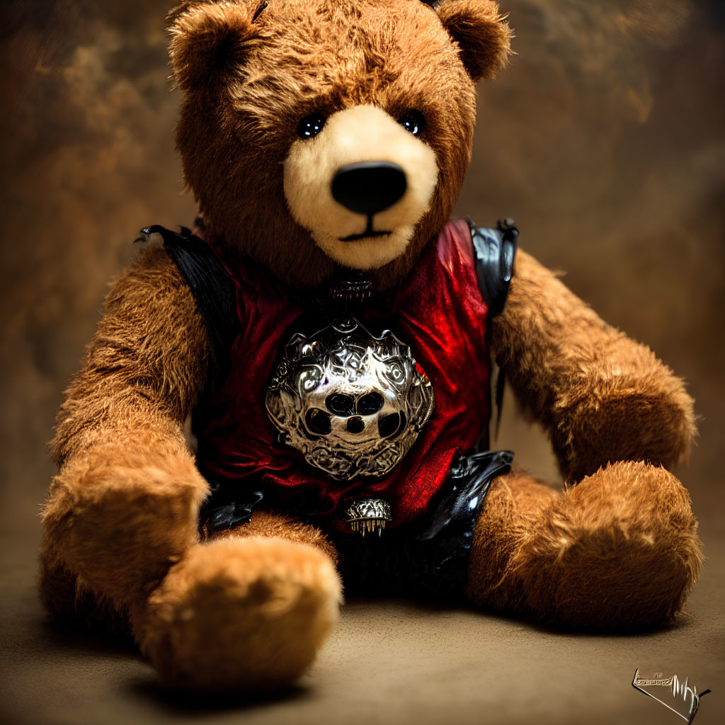 Stylized vest teddy bear against warm backdrop