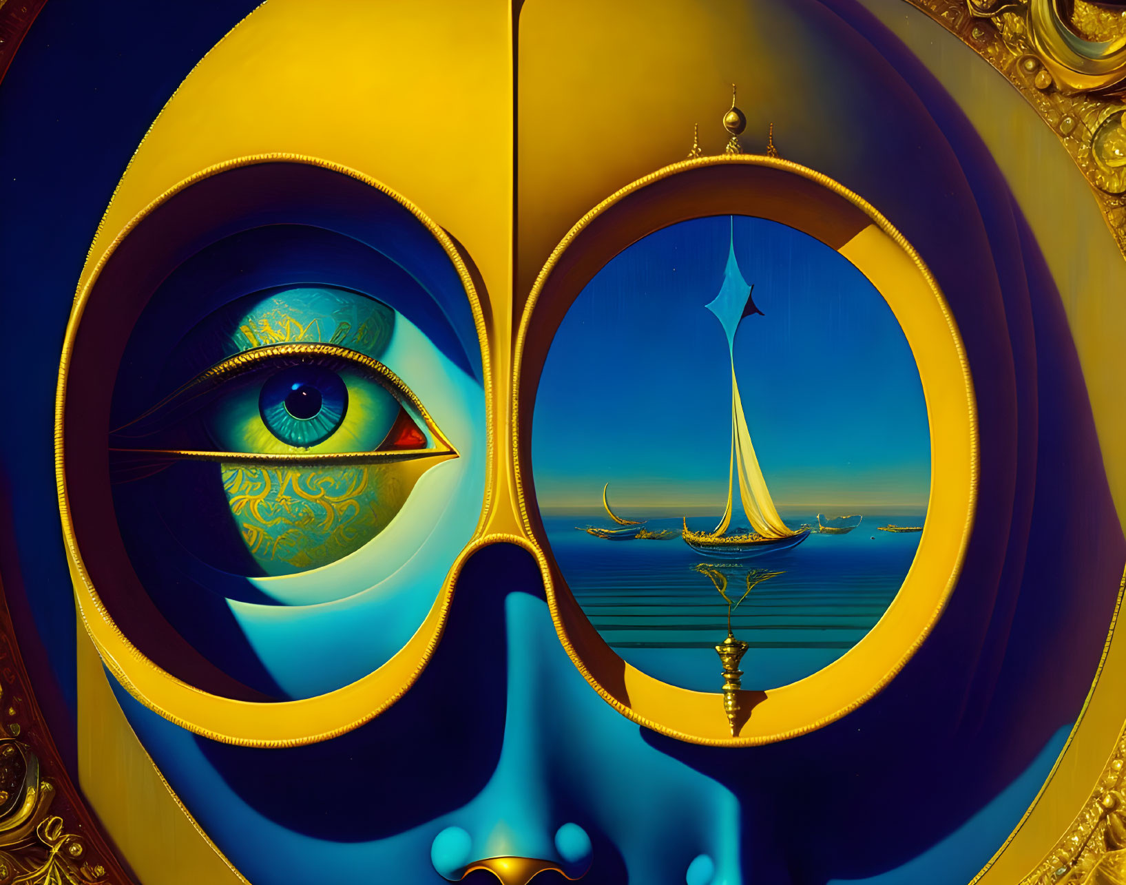 Surreal split-face art with blue eye and ornate designs, revealing fantasy seascape with sail