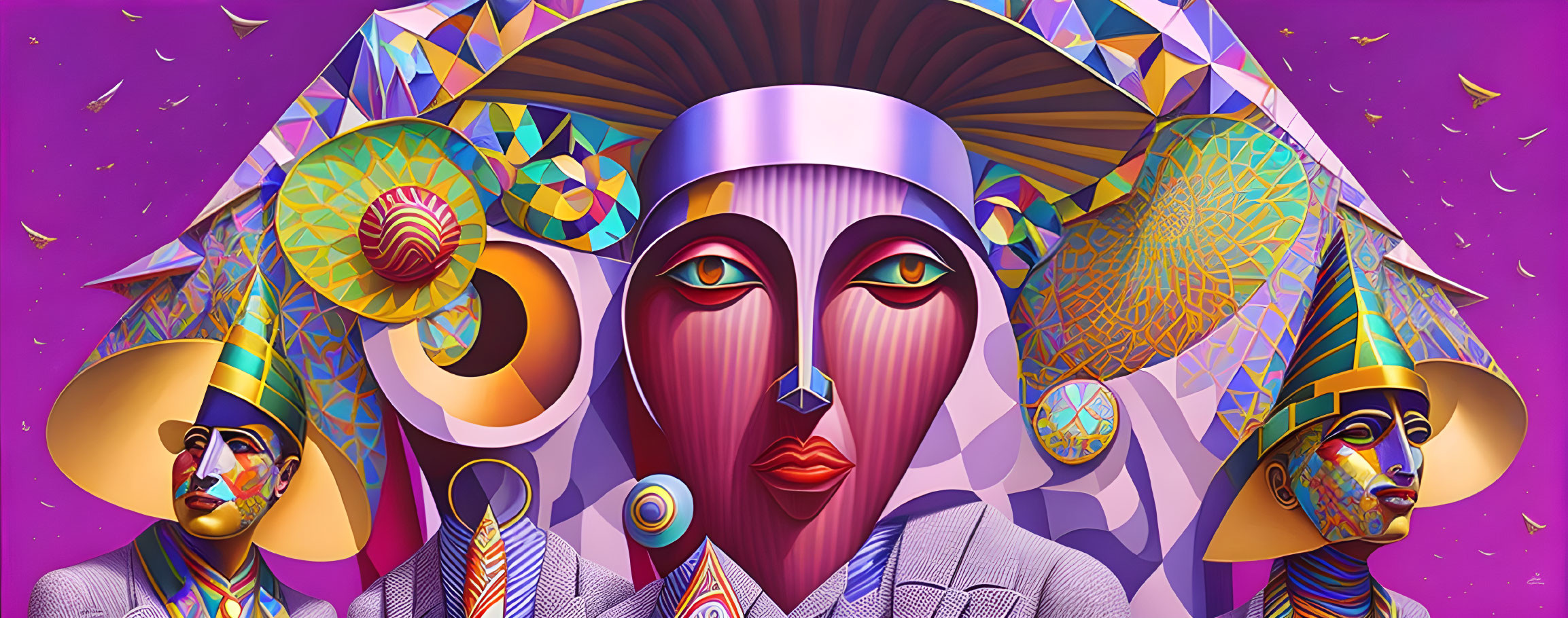 Colorful digital art of stylized Egyptian figures with geometric patterns on a purple backdrop.