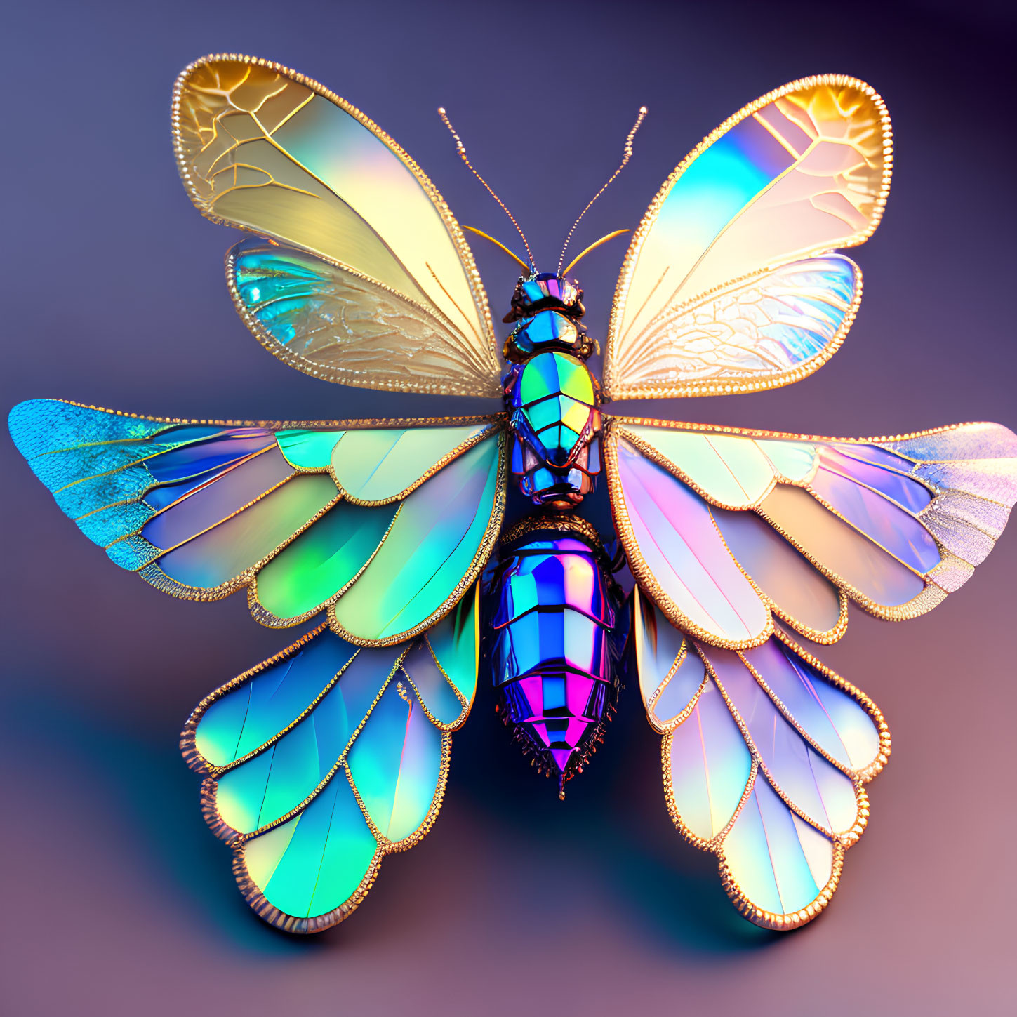 Colorful mechanical butterfly with intricate designs on gradient background