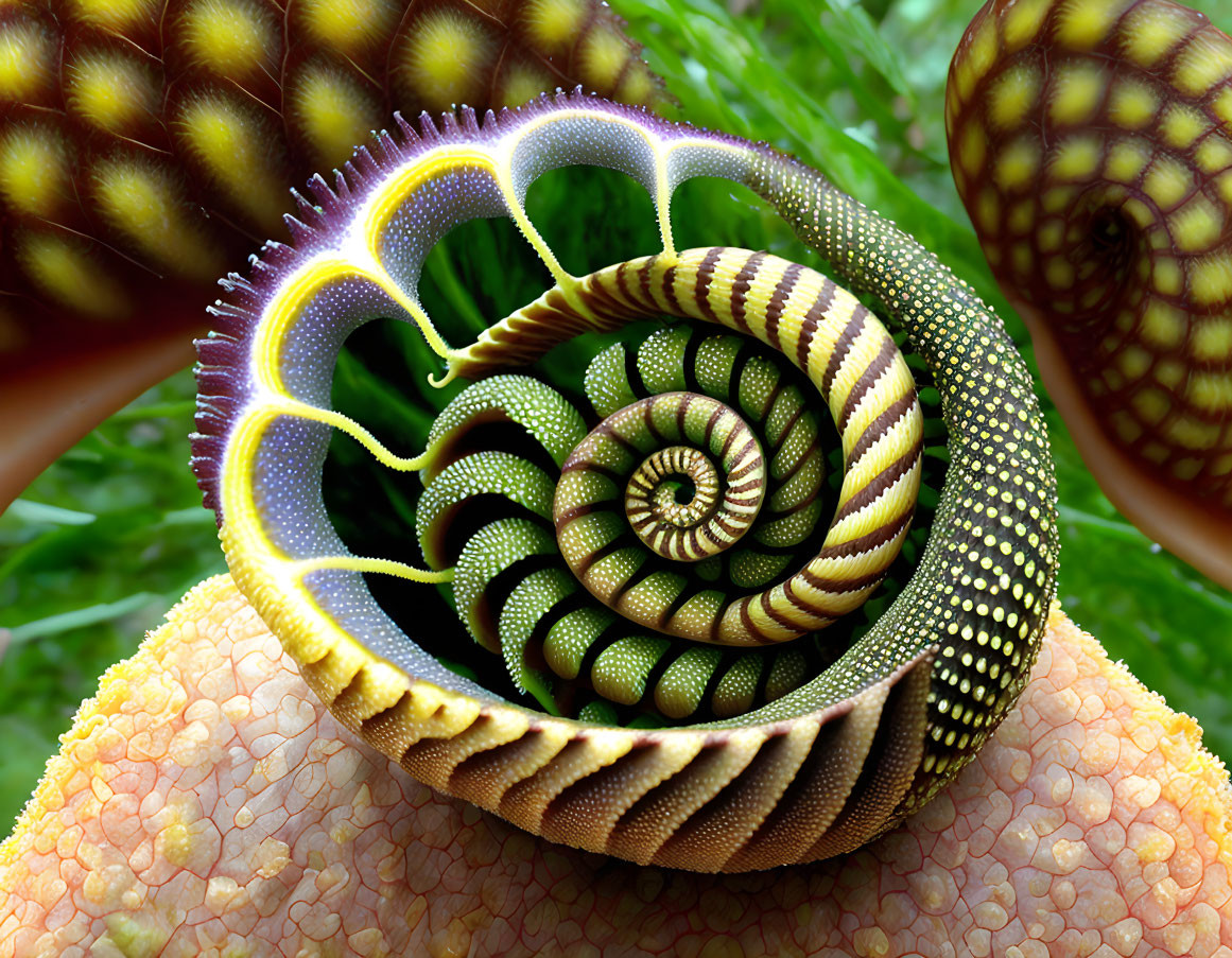 Digitally manipulated image: Spiral effect with plant-like textures in green, brown, and yellow hues.