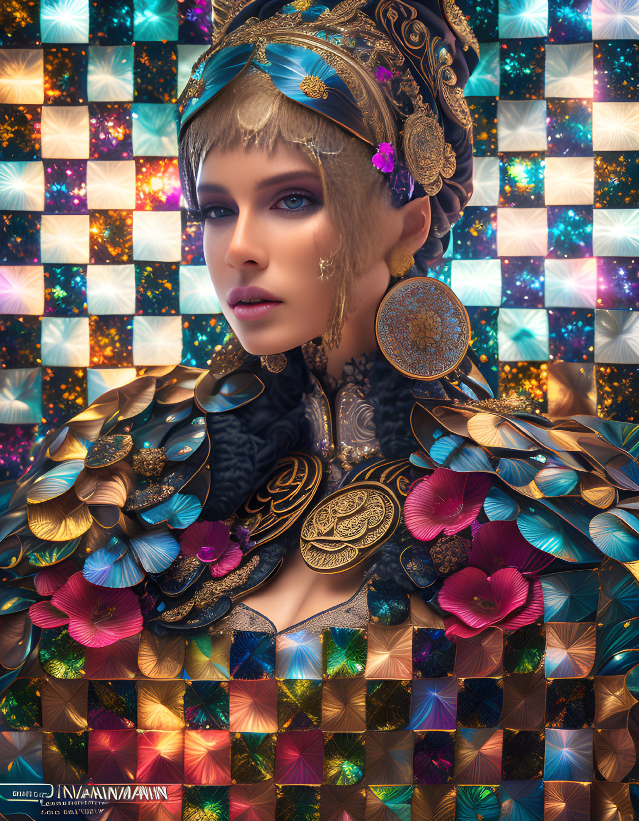 Woman portrait with gold headdress and vibrant outfit against mosaic background