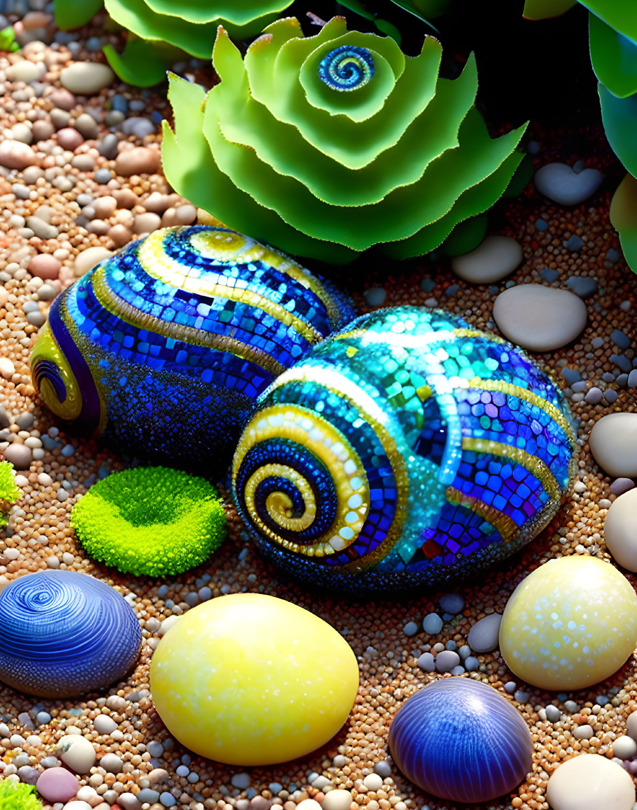 Blue Mosaic Seashell Decorations with Easter Eggs, Pebbles, and Succulent Plant