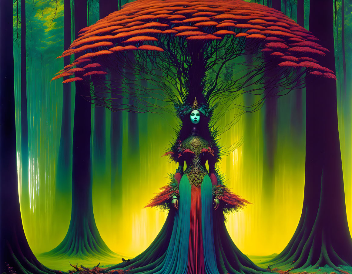 Fantasy art of figure in skull face with red and teal attire under red canopy tree