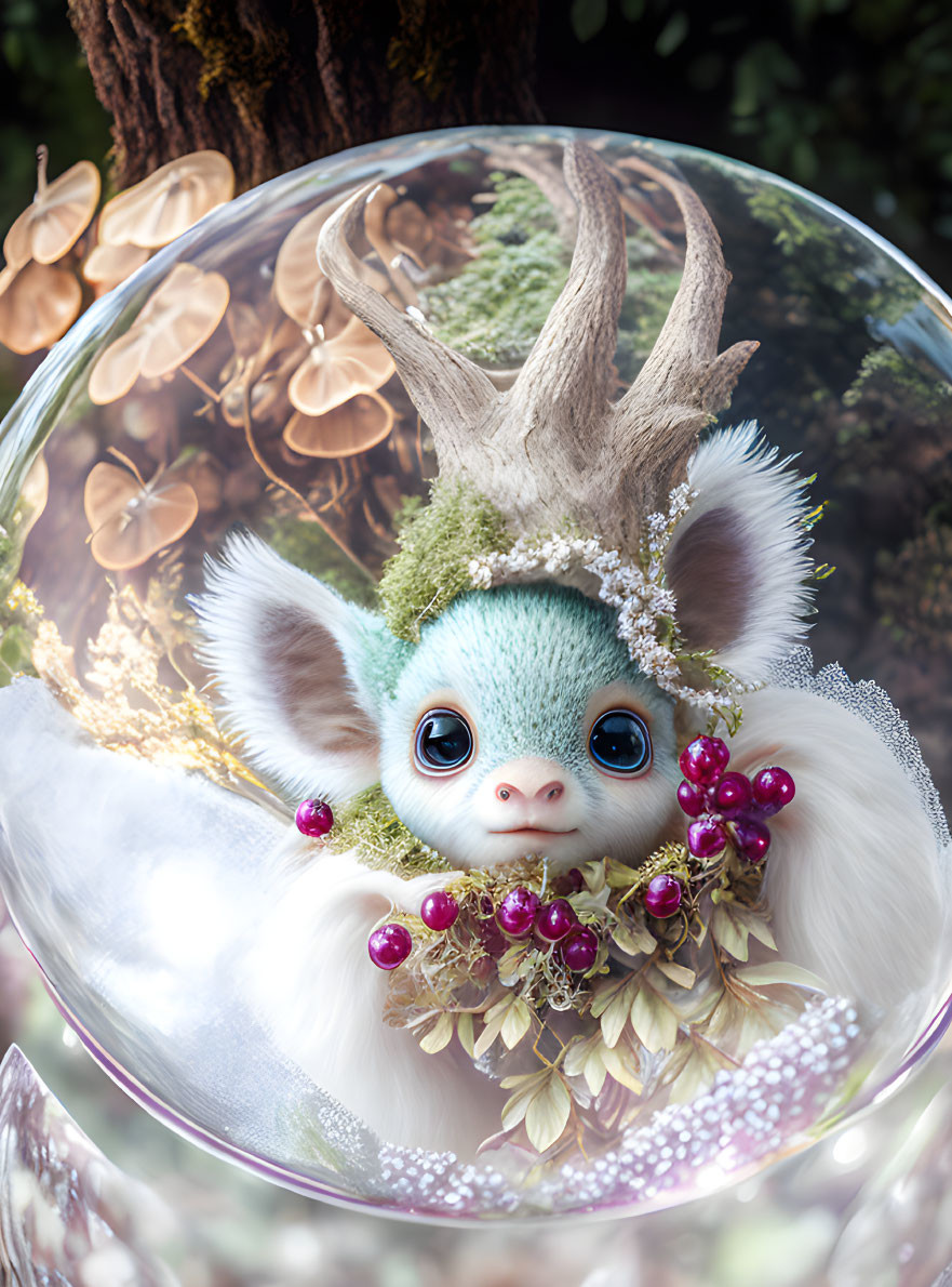 Fantastical creature with antlers and blue eyes in glass dome surrounded by flowers