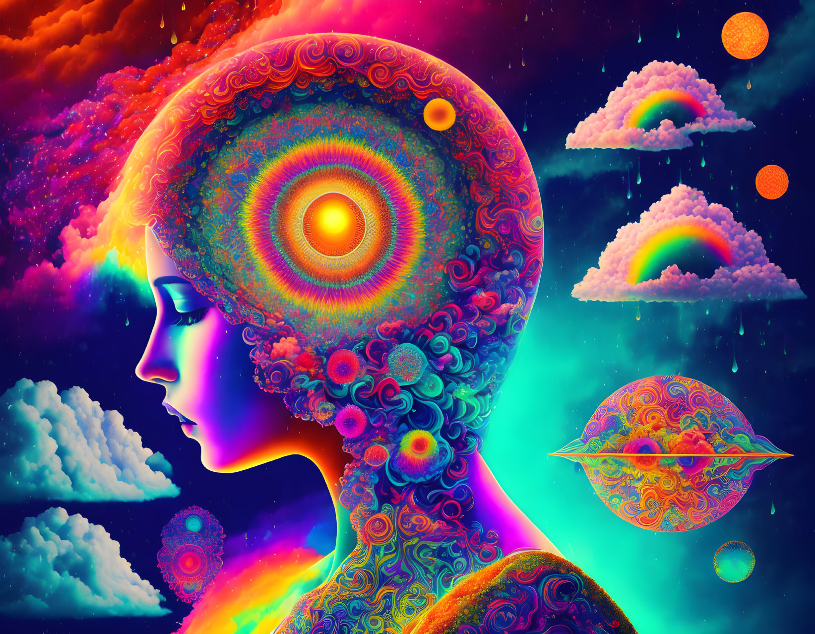 Colorful profile digital artwork with psychedelic pattern and cosmic background