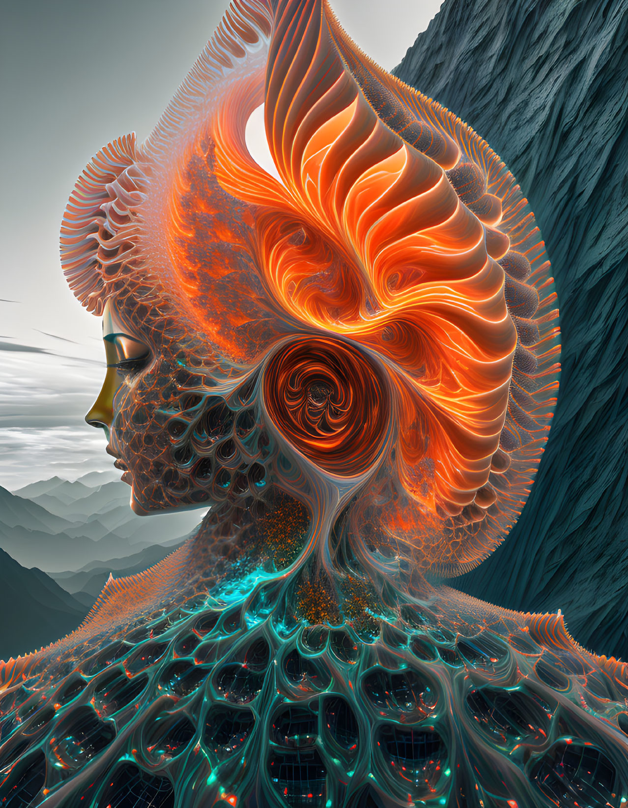 Profile face merges with warm fractal patterns on mountain backdrop