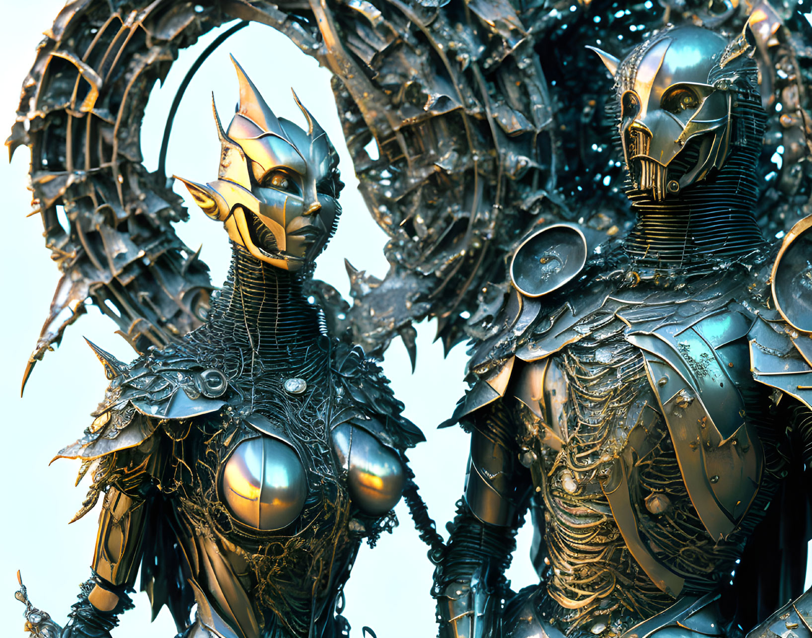 Ornate armored metallic beings in futuristic setting