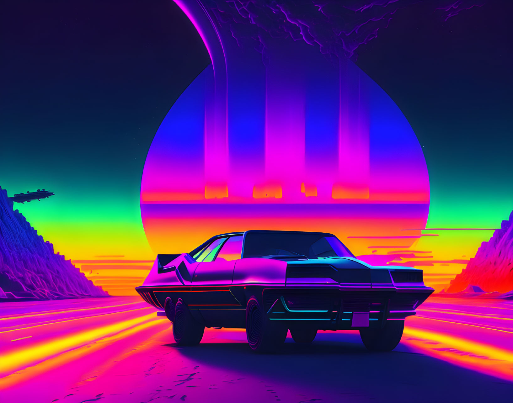 Retro-futuristic illustration: Classic car, neon landscape, alien sky