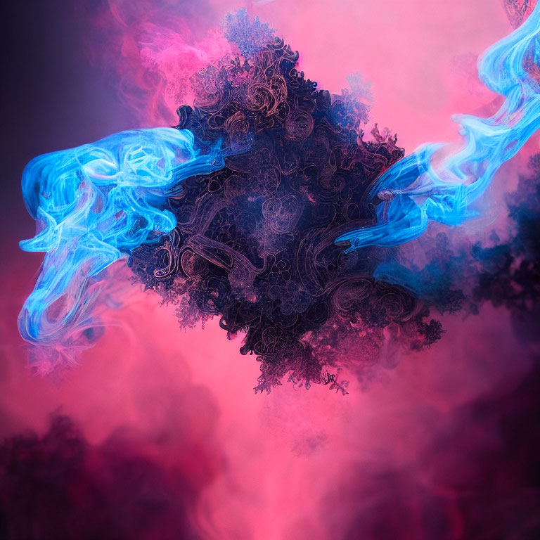 Abstract image: Swirling blue and pink smoke-like textures around a dark fractal core