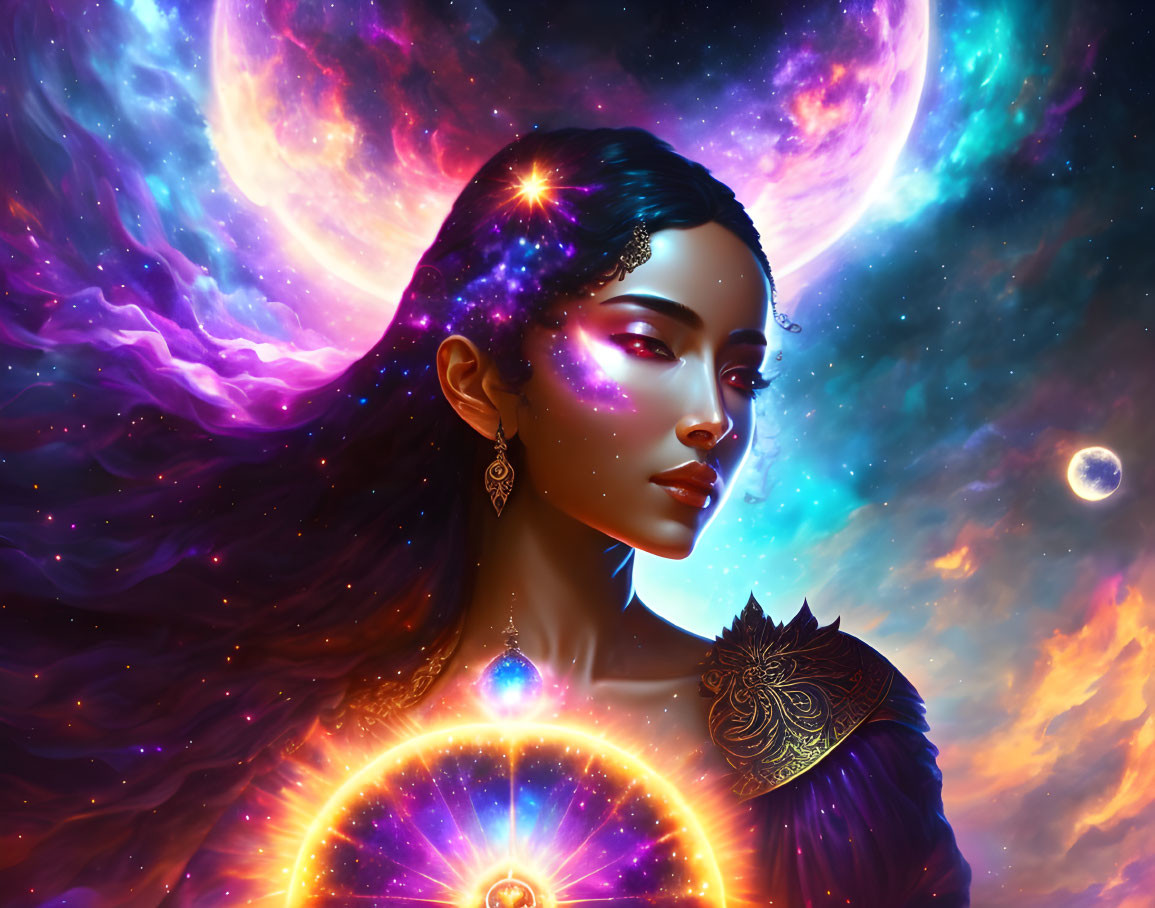 Vibrant cosmic digital artwork of woman with celestial elements