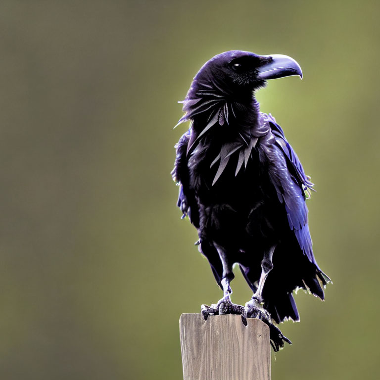 Black raven perched on post against green background with glistening plumage