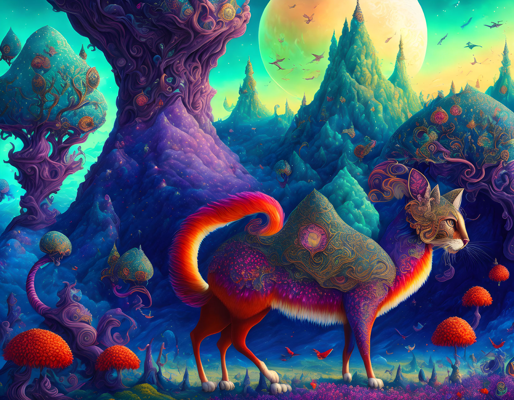 Colorful surreal landscape with mythical fox-like creature and floating islands