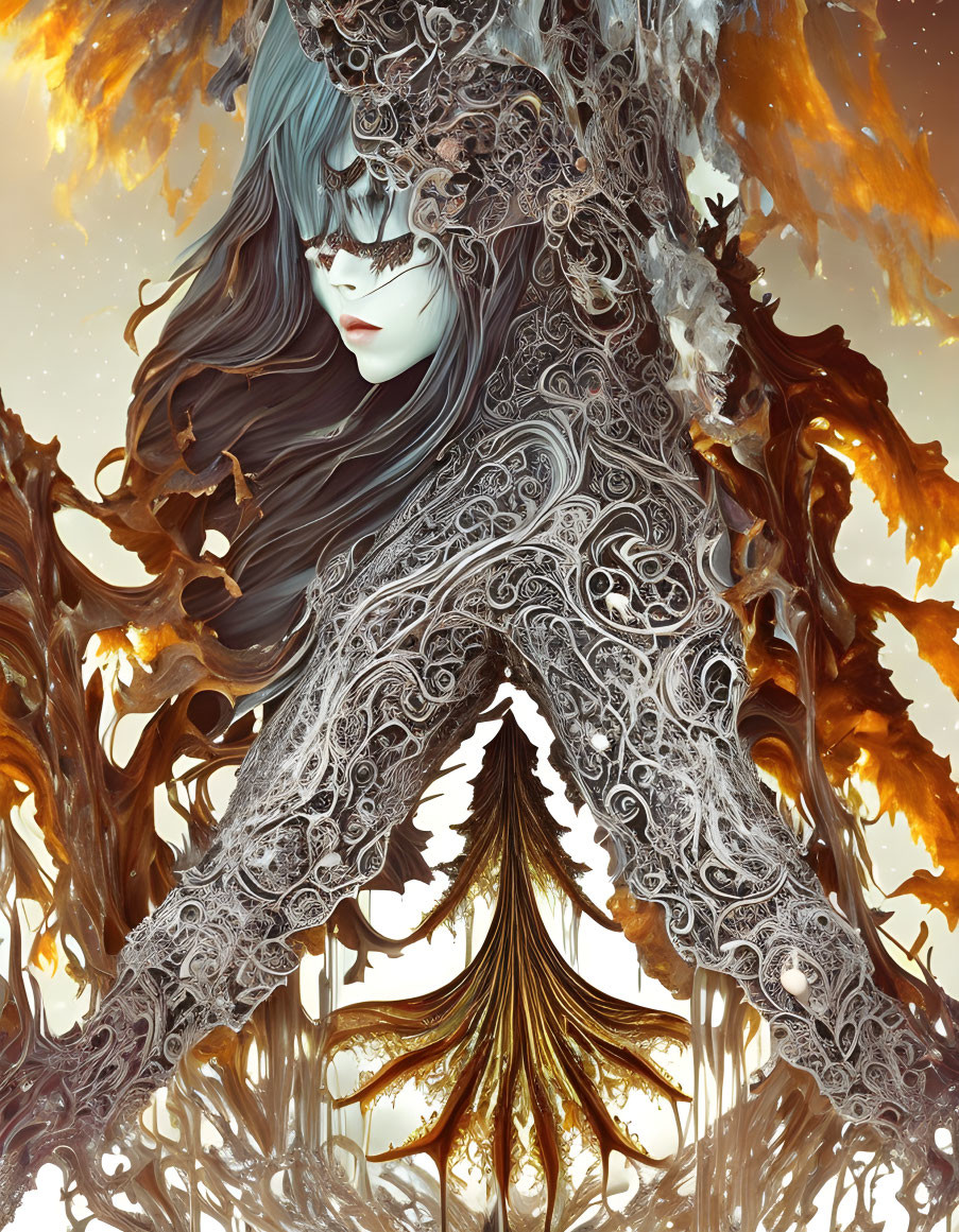 Detailed illustration: Mystical figure in ornate armor with flowing hair amidst fiery autumn leaves