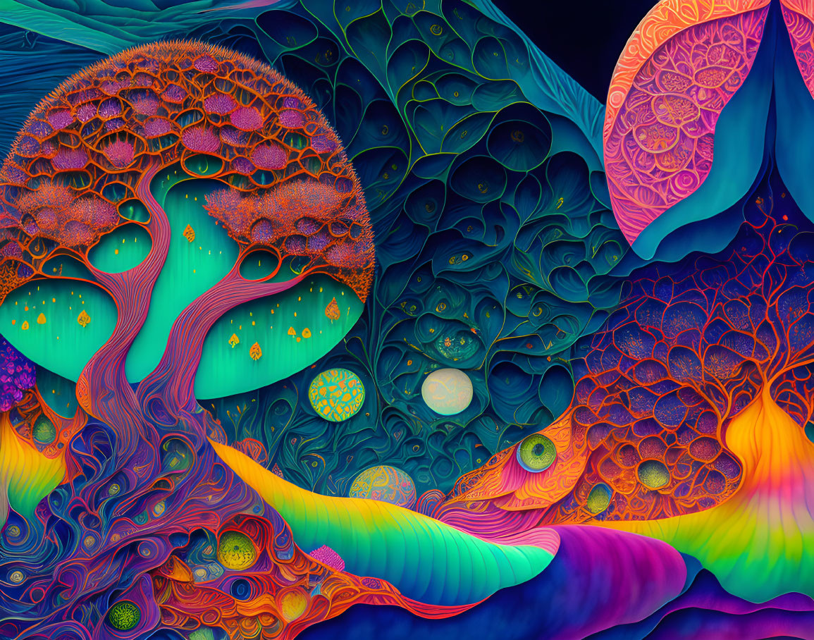 Colorful Abstract Tree Artwork with Psychedelic Landscape