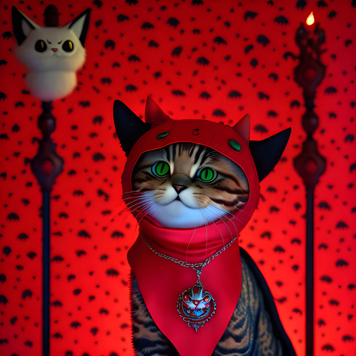 Tabby Cat in Red Devil Costume on Patterned Background