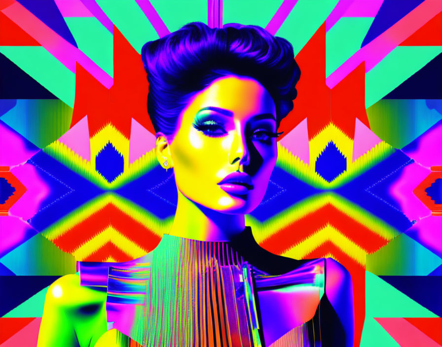 Colorful digital artwork featuring stylized woman with retro updo on kaleidoscopic background.