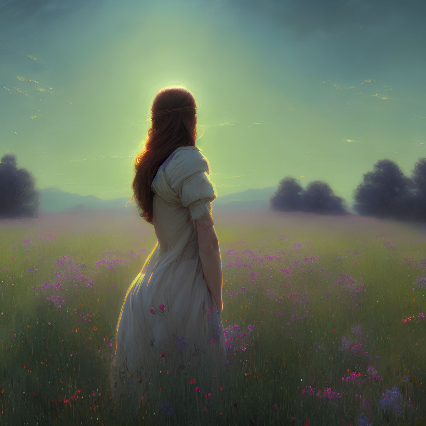 Woman in white dress standing in flower-filled meadow at sunrise