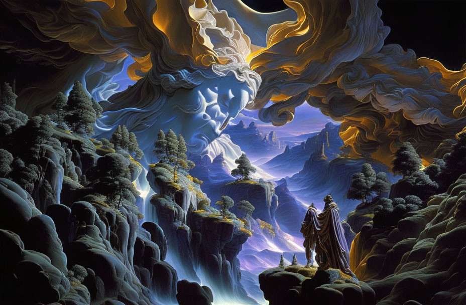 Mystical landscape with swirling clouds, towering trees, and cloaked figure overlooking foggy valley