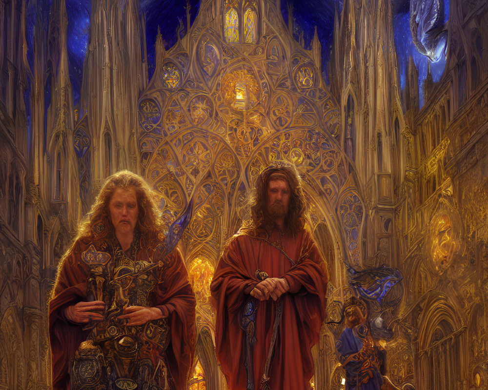 Regal figures in ornate robes before gothic cathedral with mystical creature.