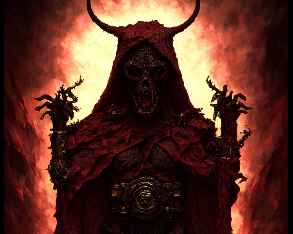 Sinister horned demon with skull-like face in tattered red cloak amid fiery background