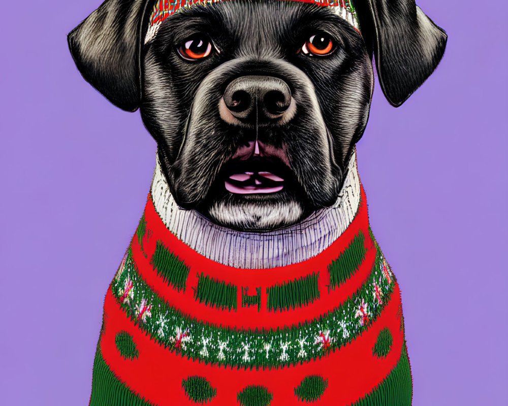 Black Dog in Festive Attire on Purple Background