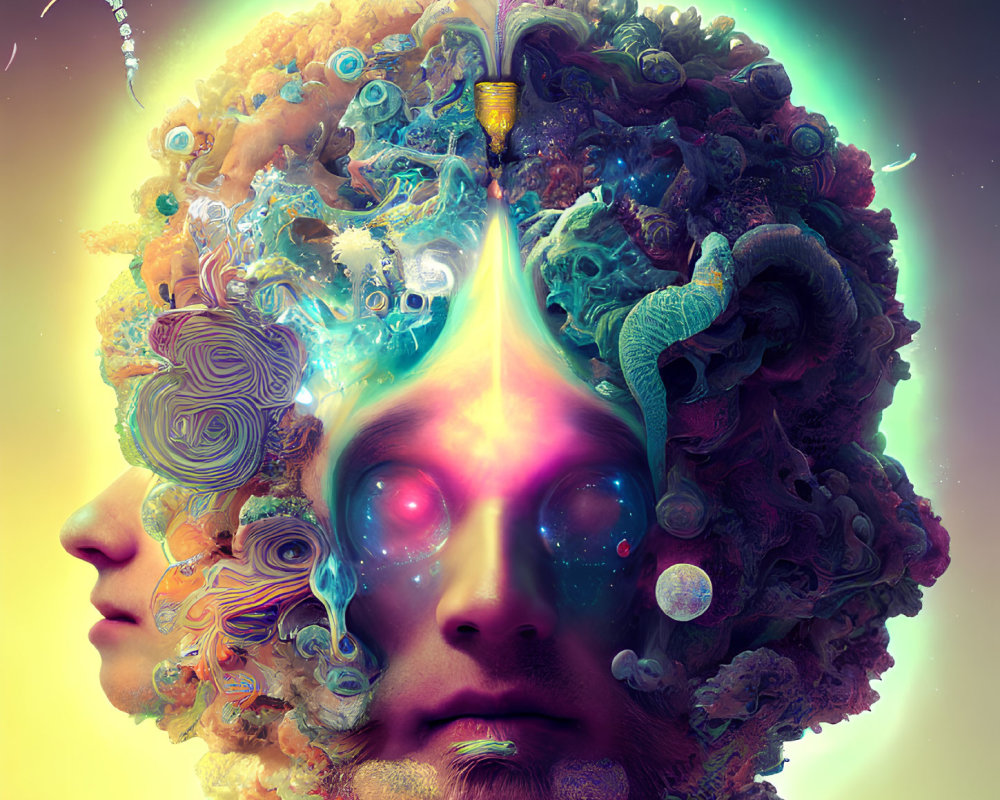 Surreal portrait with cosmic and organic elements and glowing eye