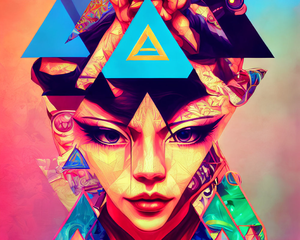 Colorful digital artwork of woman with geometric shapes and intricate face tattoos