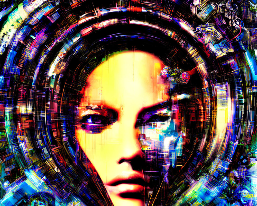 Colorful sci-fi digital artwork of woman's face in intricate portal