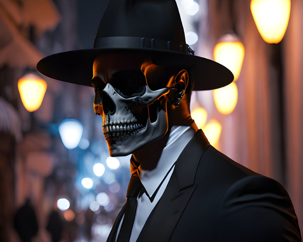 Stylized skeleton in suit and fedora hat with glowing jaw on city street at night