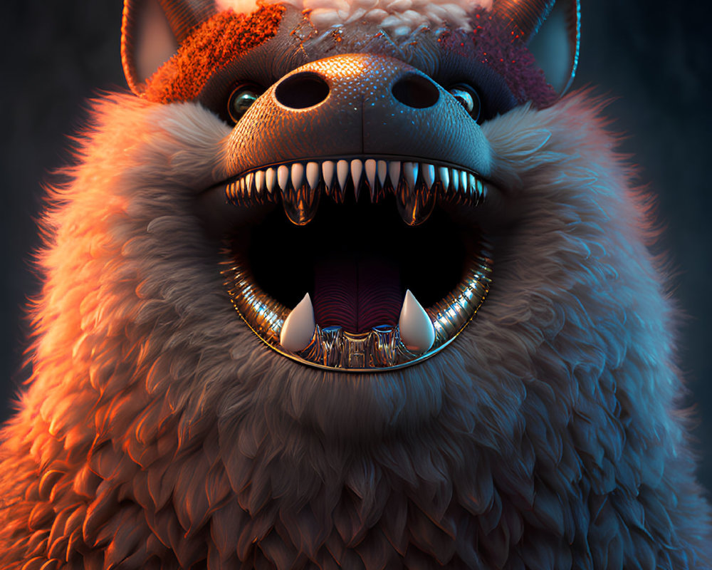 Colorful digital artwork of fierce creature with sharp teeth, large horns, and fluffy fur