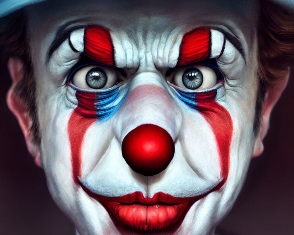 Close-Up Portrait of Person in Clown Makeup with White Face Paint, Red Nose, Lips, Blue and