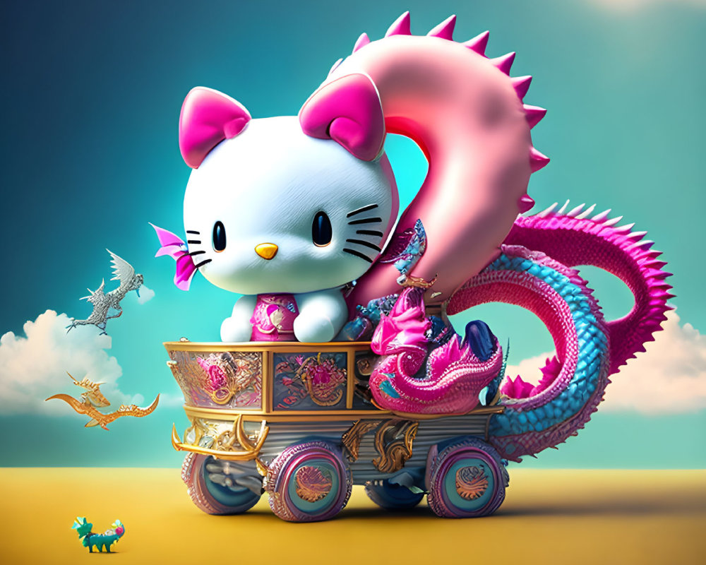 Adorable Hello Kitty on pink dragon-chariot with flying dragons