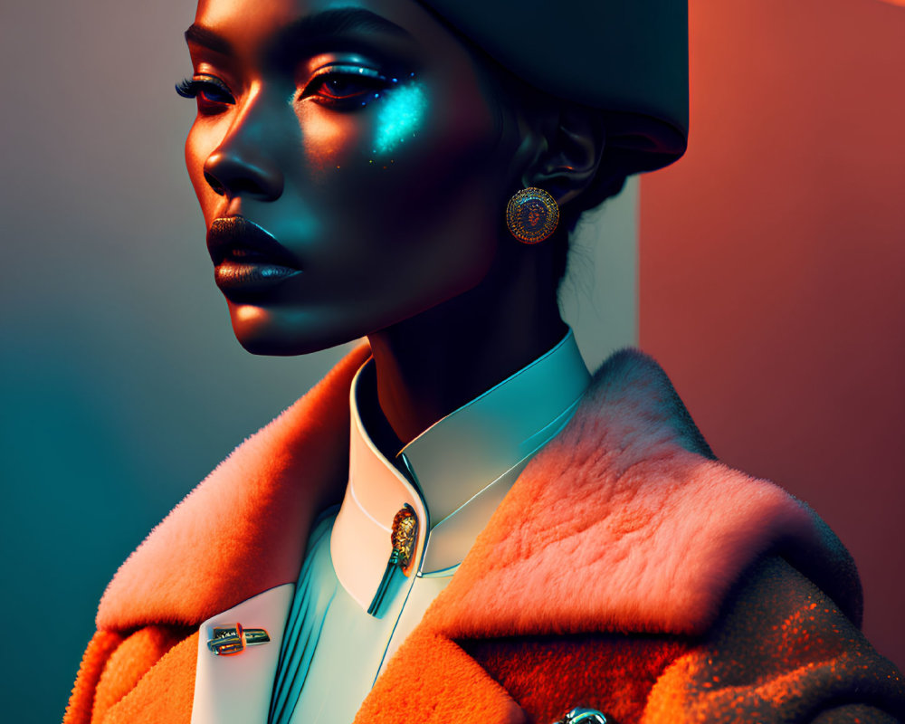 Portrait of a Woman with Glossy Blue Skin and Beret in Peach Coat