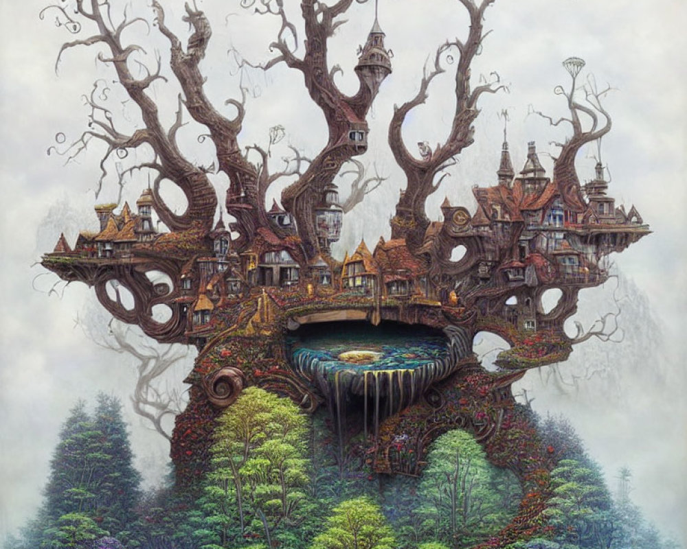 Intricate treehouse painting in lush forest under cloudy sky