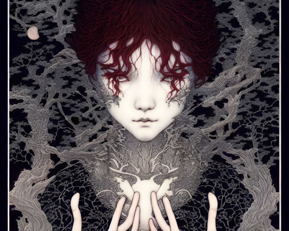 Vibrant red-haired person in surreal illustration with white roots.