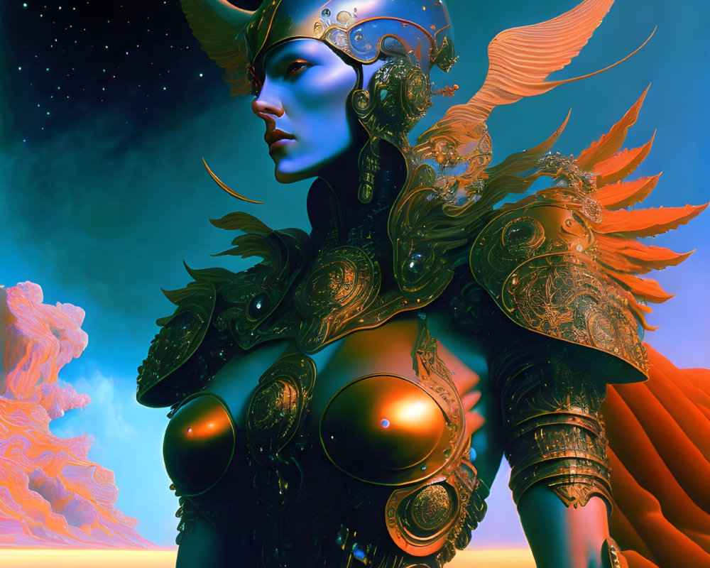 Blue-skinned warrior in golden armor with winged helmet against surreal sky.