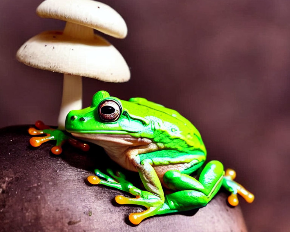 Colorful Frog Resting Near White Mushrooms on Brown Surface