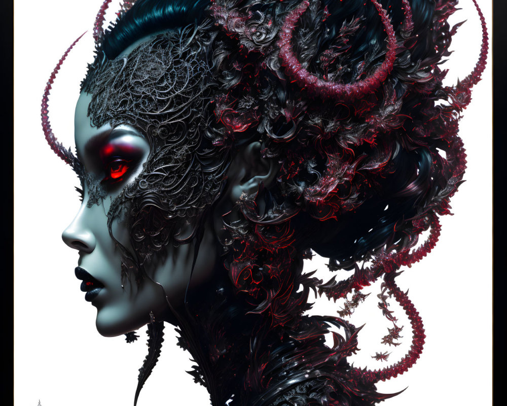 Digital artwork of figure with red and black horn-like hair, single red eye, and dark makeup