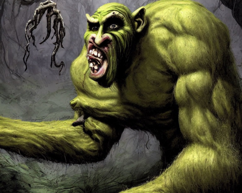 Muscular green ogre with tusks in dark forest setting