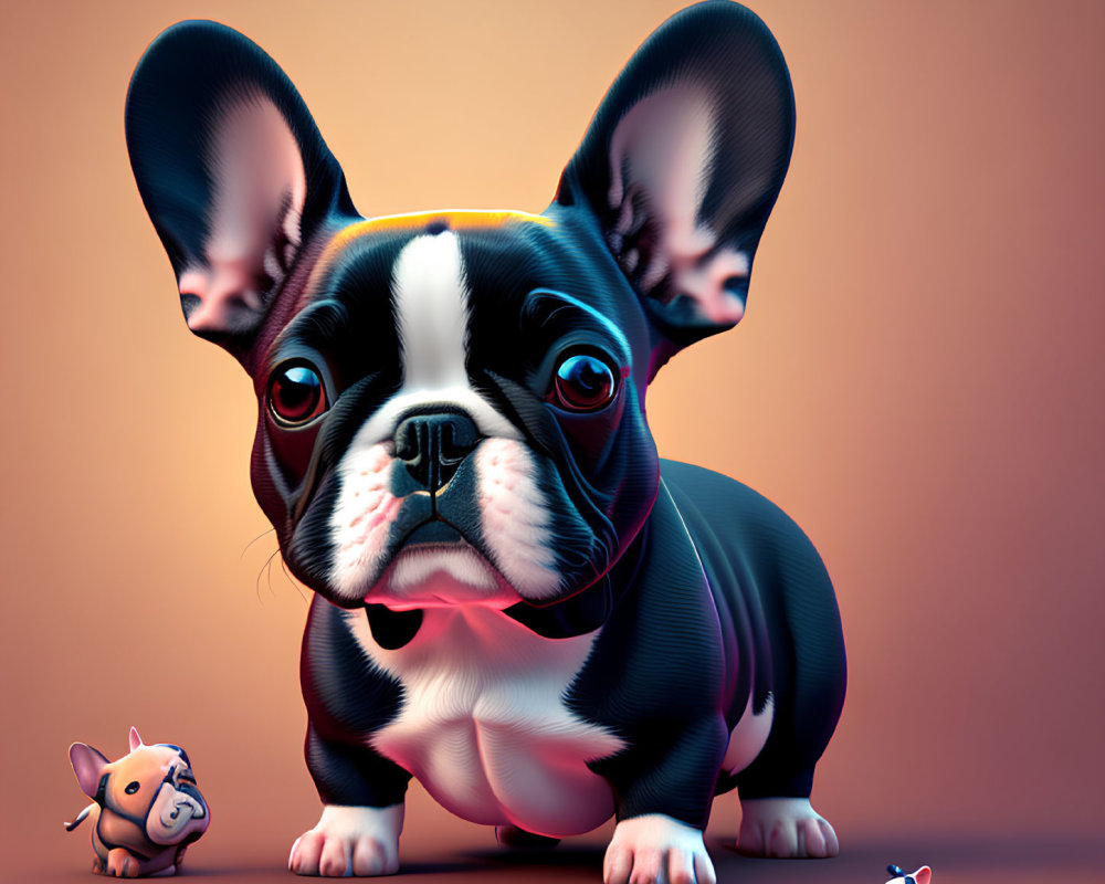 Stylized digital illustration of French Bulldog with exaggerated features, pig, and mouse