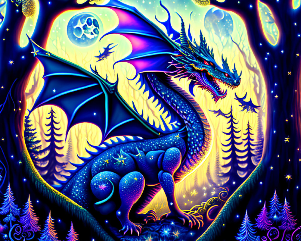 Blue dragon in psychedelic forest with moon and stars