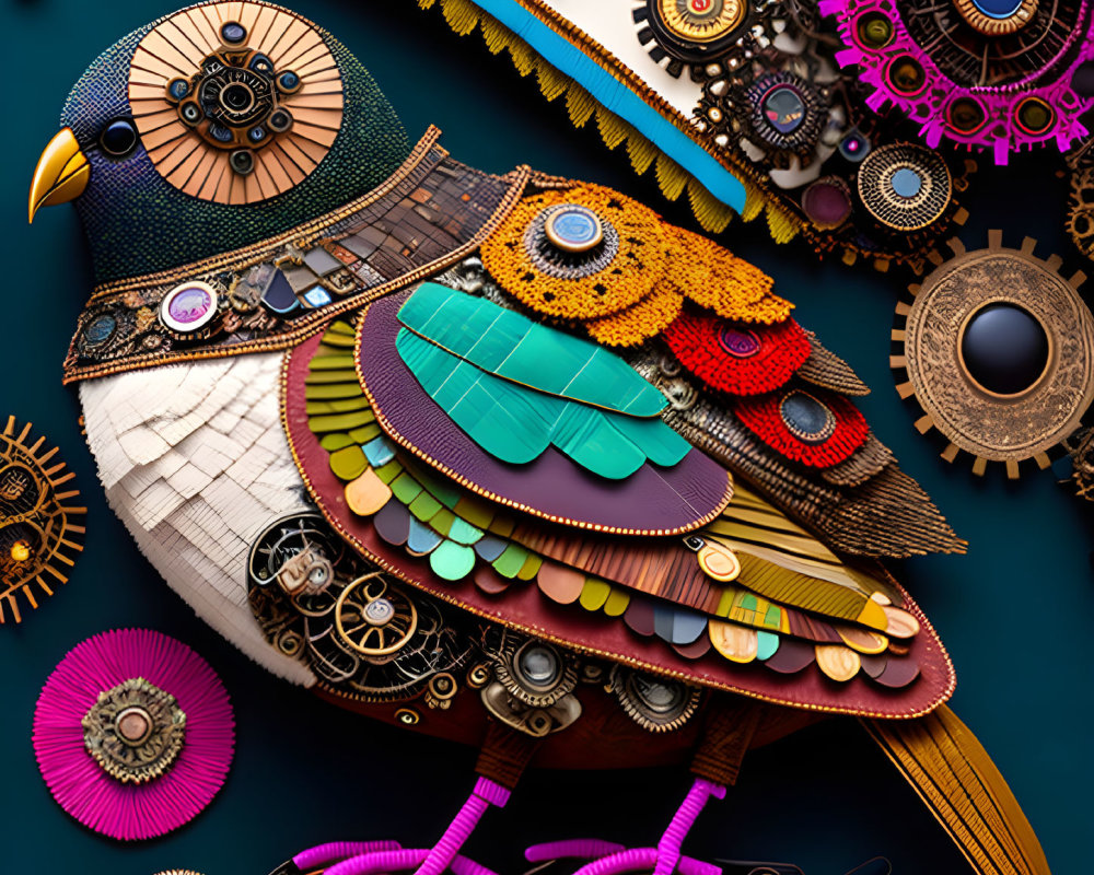 Detailed digital art: mechanical bird with gears on dark backdrop