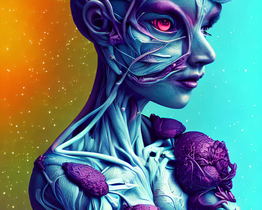 Colorful digital artwork: Female figure with exposed muscles and floral organs