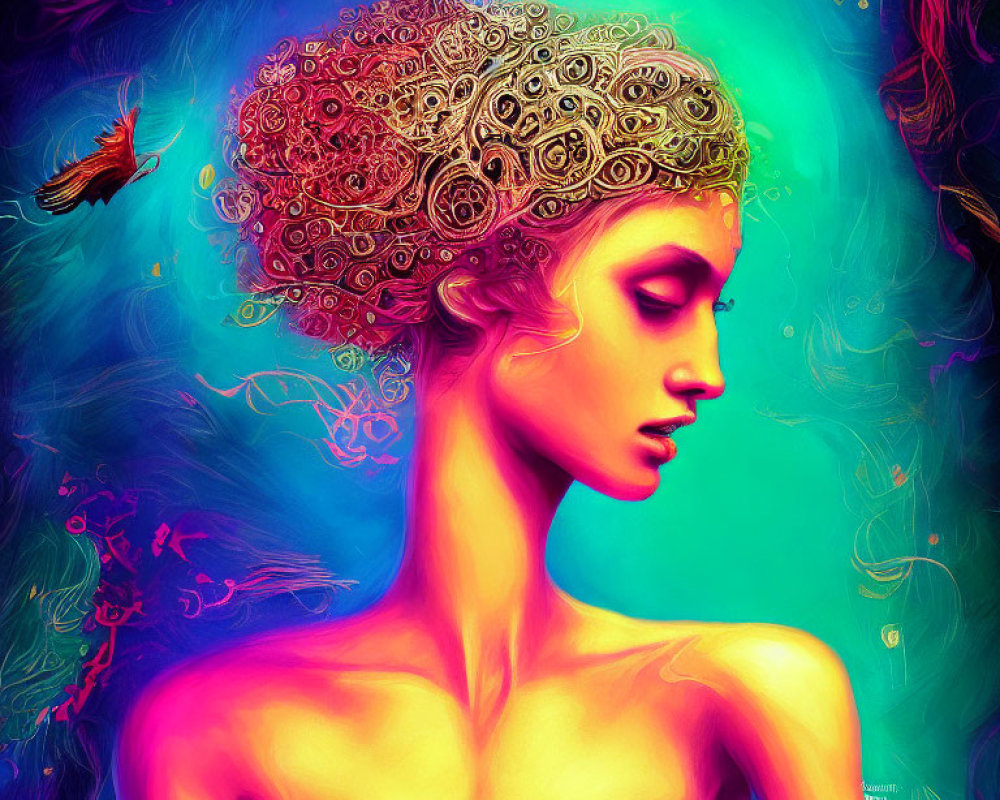 Colorful digital artwork: Woman's profile with ornate hair on teal and magenta backdrop, featuring