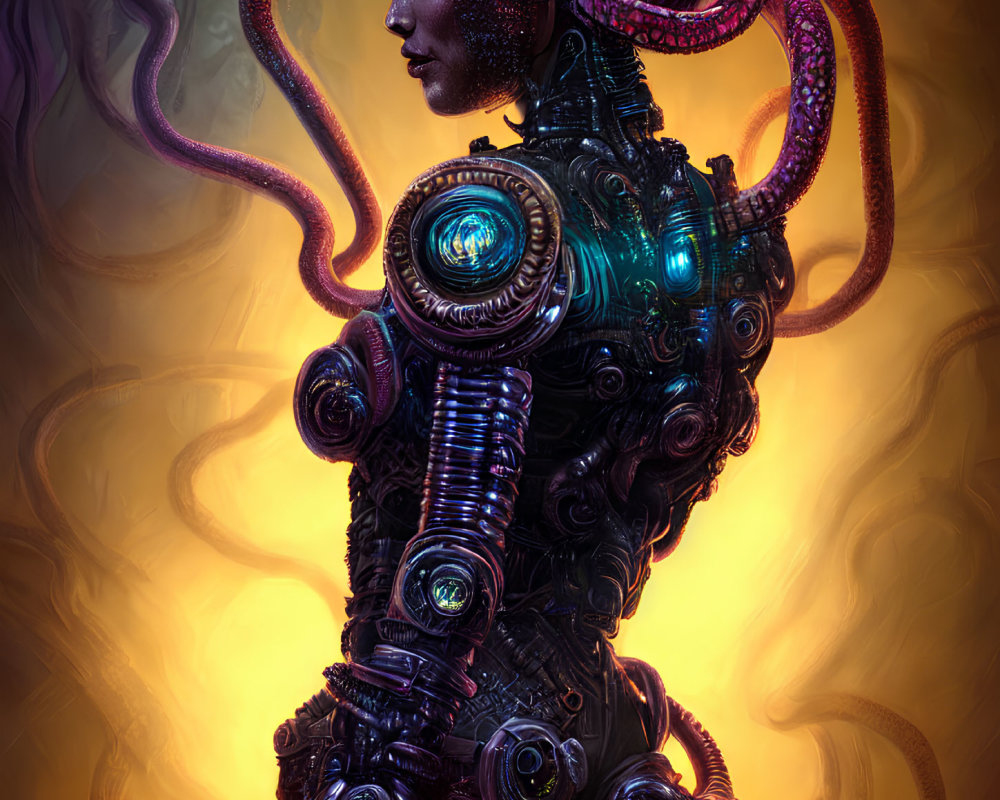 Detailed futuristic cyborg art with female appearance and intricate mechanical components.